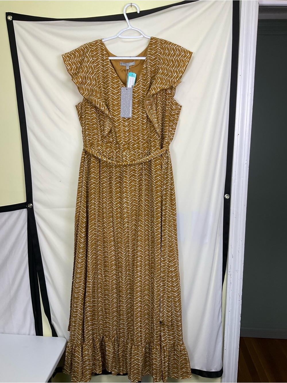 Daniel Rainn Mustard Chevron Ruffle Sleeve Maxi Dress